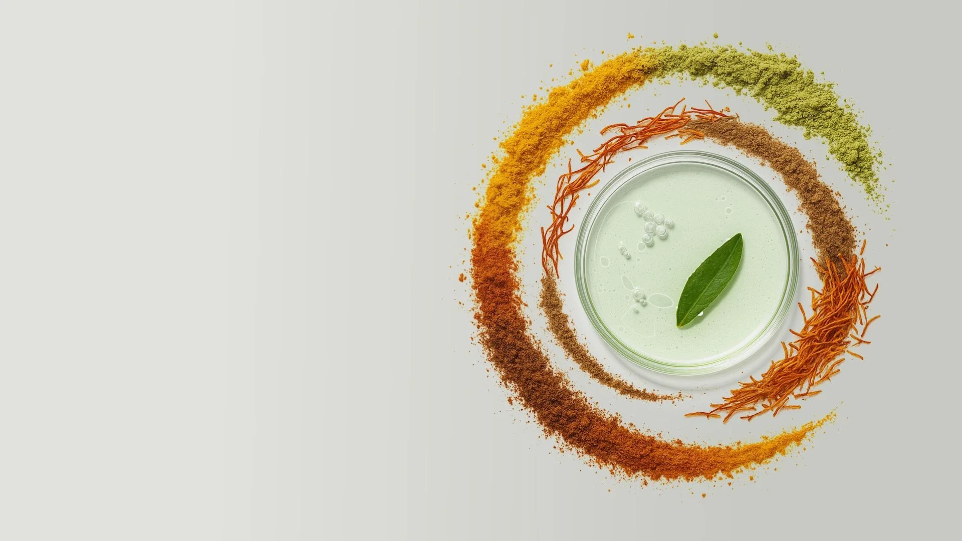 A leaf in a petri dish surrounded by rings of botanical powders and saffron threads