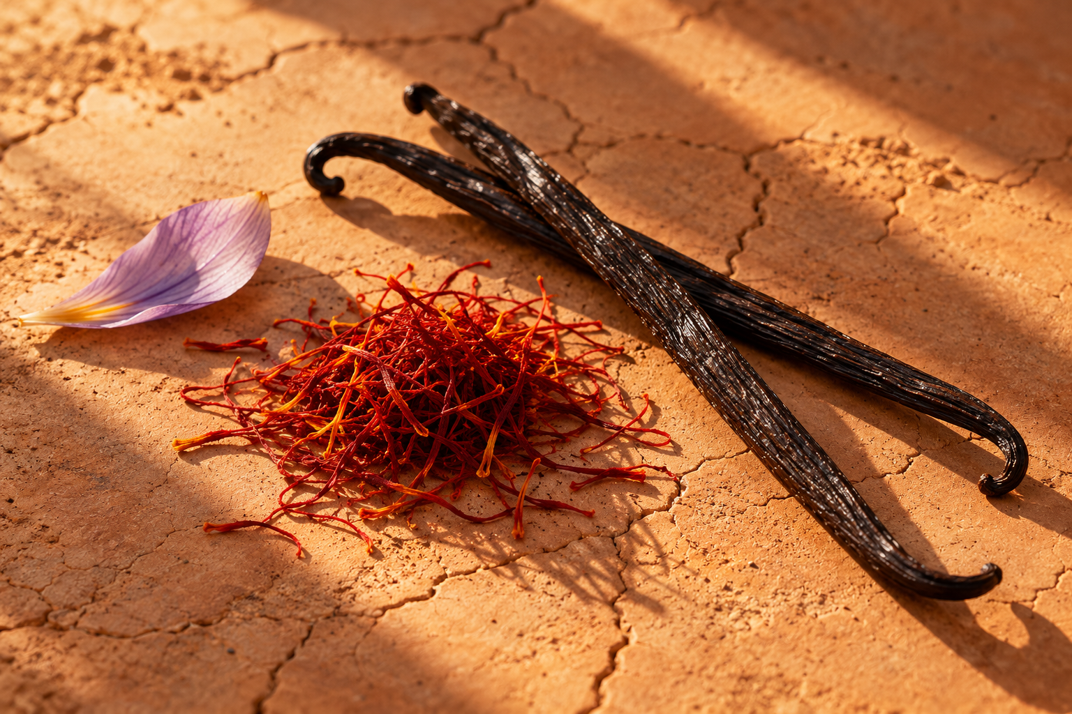 Saffron threads and vanilla pods on sunbaked terracotta earth