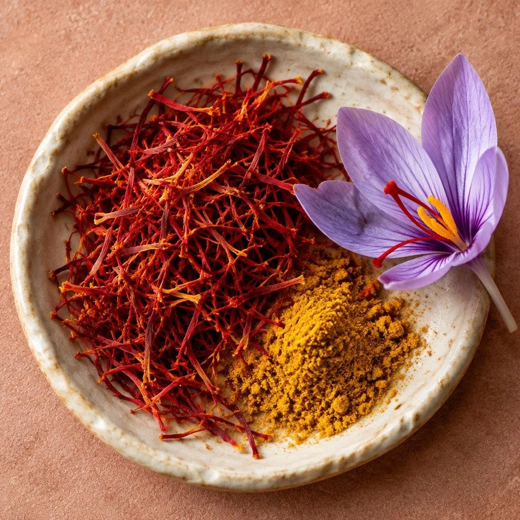 Saffron threads, powder, and a crocus flower on a ceramic plate