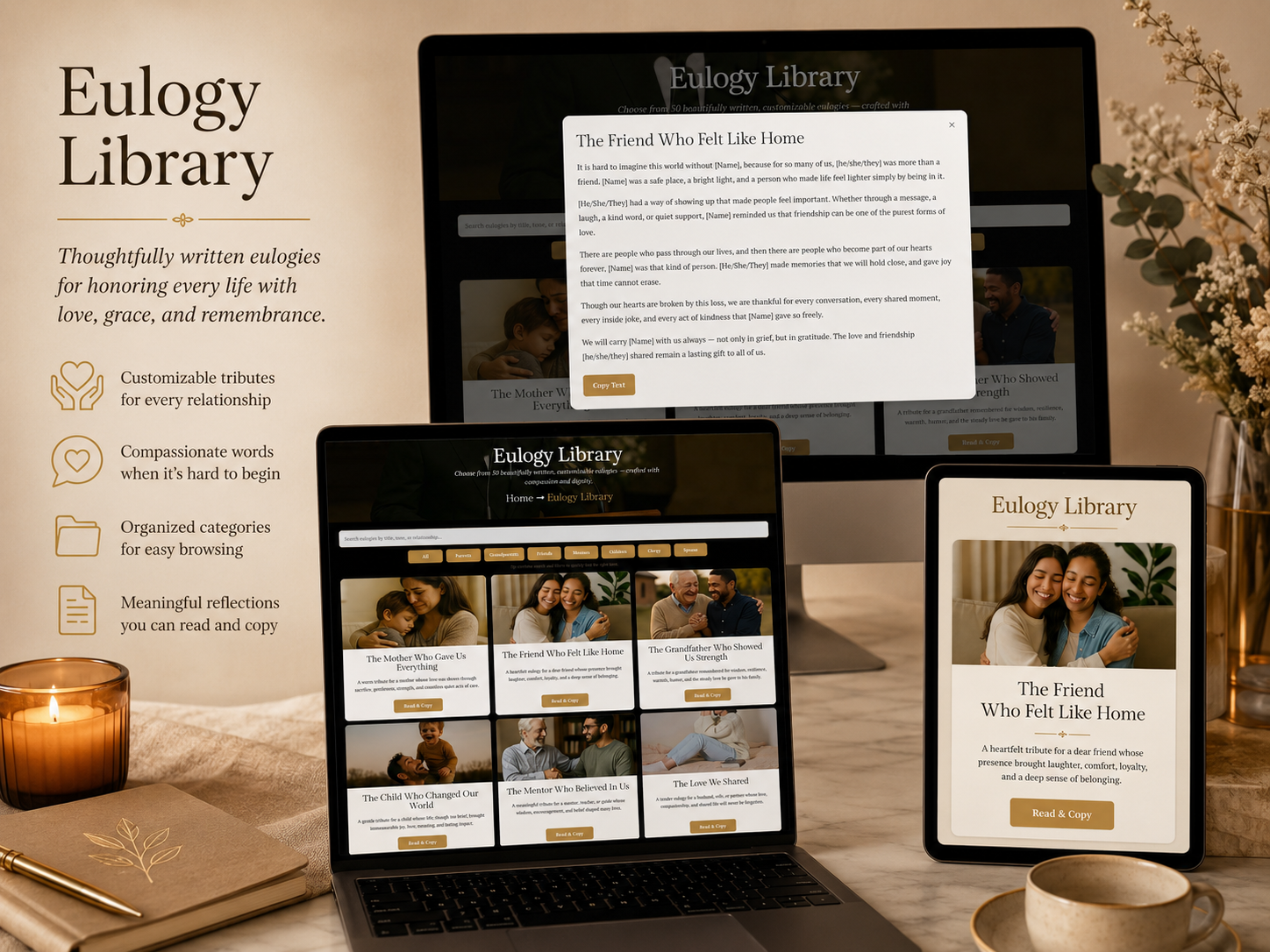 Eulogy Library interface with templates for different relationships and life stories.