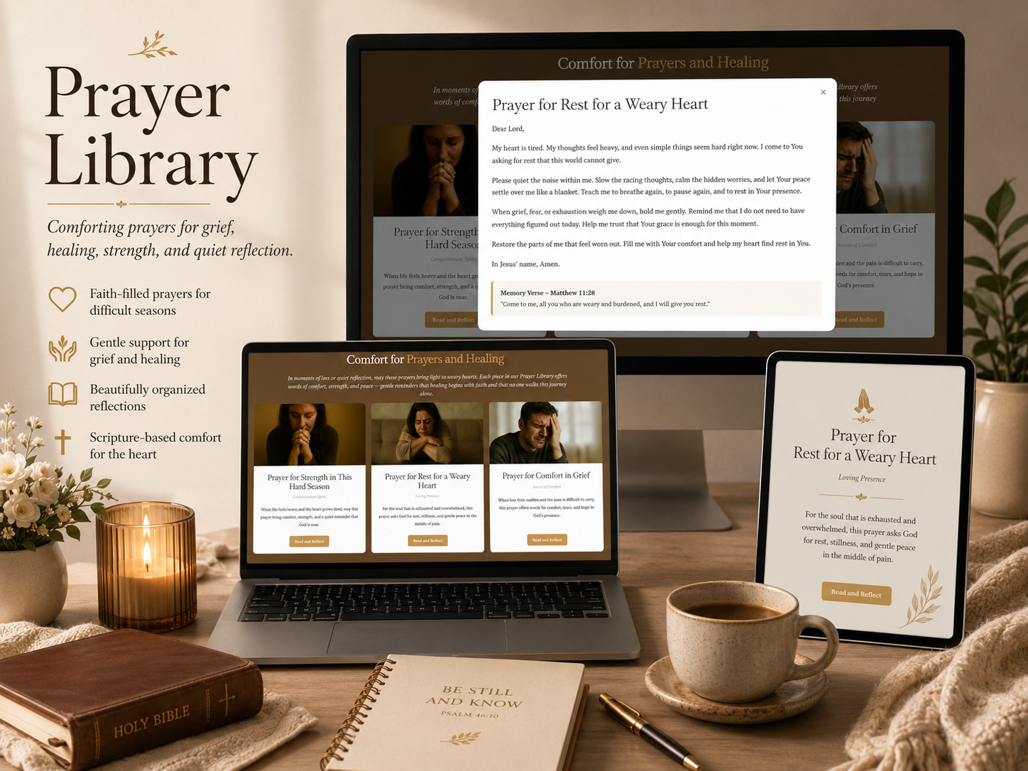 Prayer Library displayed across multiple devices with faith-centered reflections.