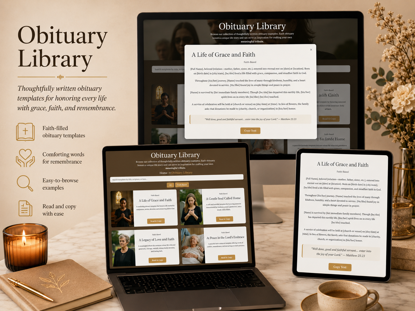 Obituary Library shown with template cards and a polished obituary reading view.