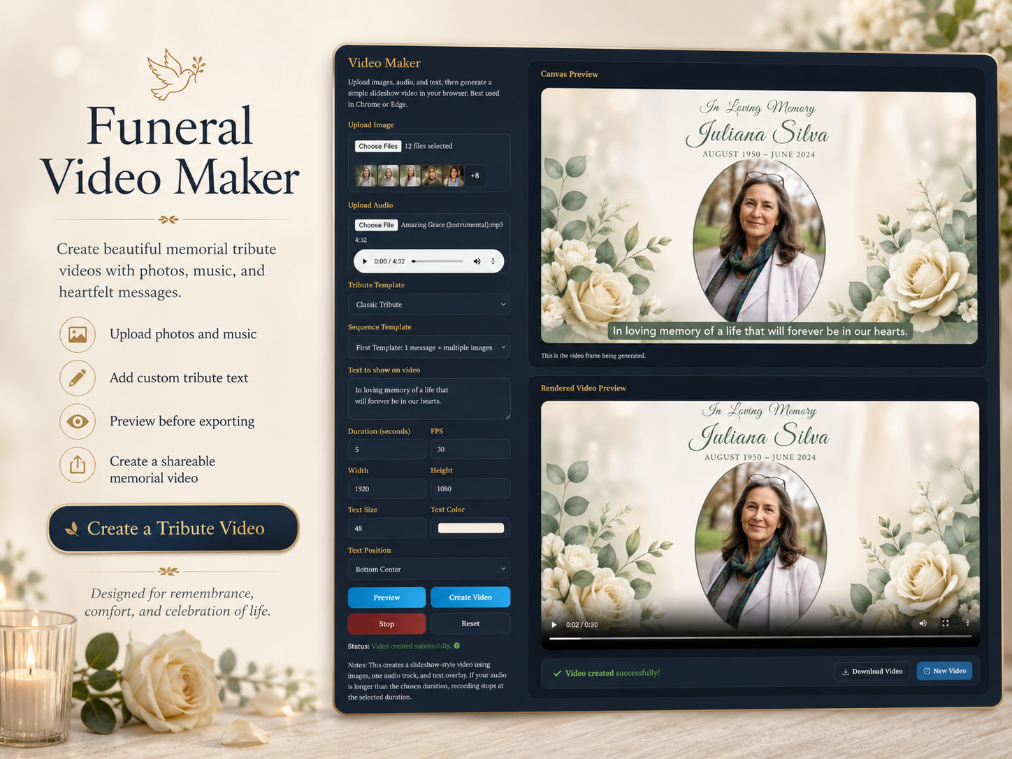 Tribute Video Maker with photo upload, music controls, and memorial video preview.