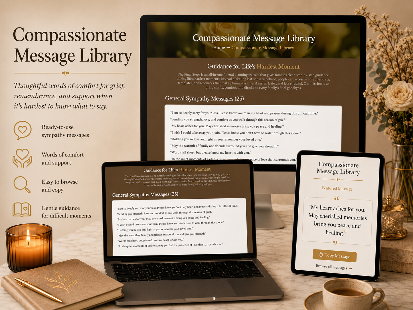 Compassionate Message Library with sympathy message examples across desktop and tablet.