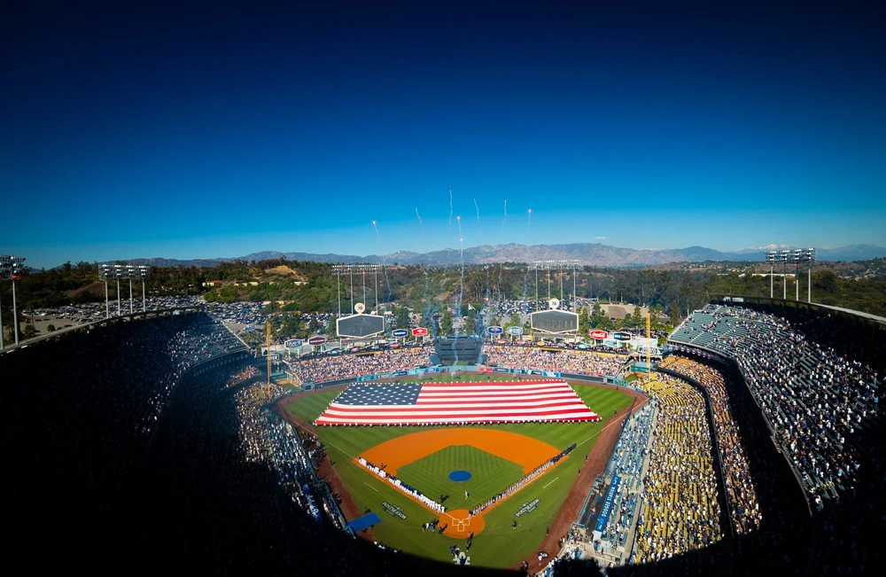 Dodger Stadium from above during a postseason flag ceremony