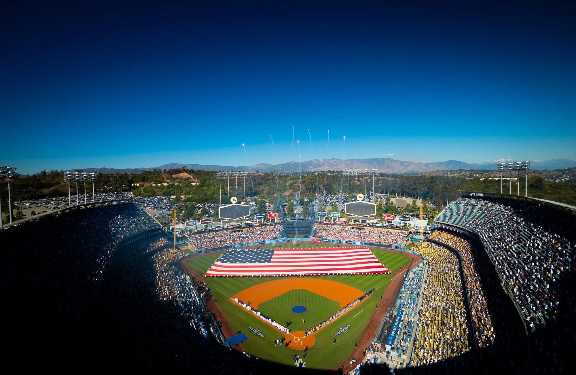 Dodger Stadium from above during a postseason flag ceremony
