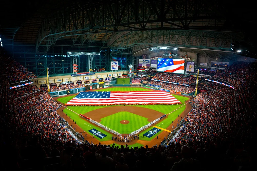 American flag over the field before an Astros game