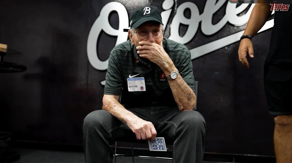 101-year-old surprised with a baseball card of himself