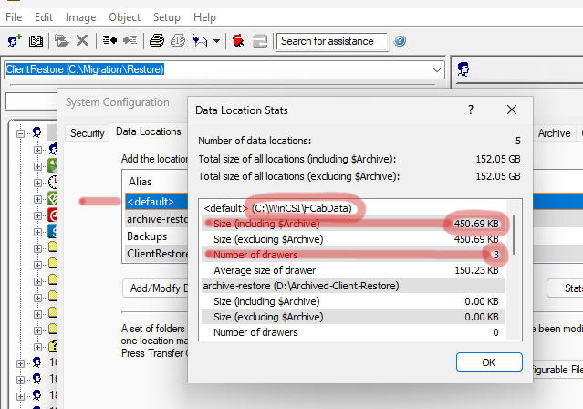 FileCabinet CS Data Location Stats dialog showing total size and number of drawers, with the key figures circled