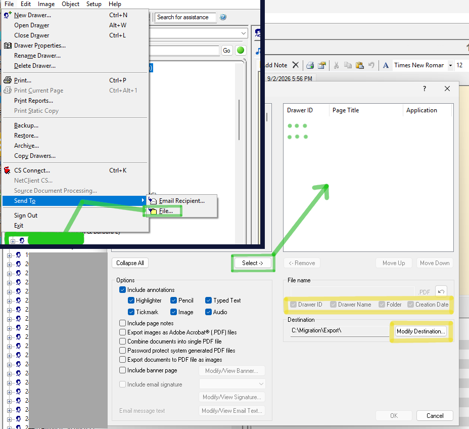 FileCabinet CS export flow: the File menu open to Send To, File, and the export dialog with the Select button, file name options, and destination highlighted