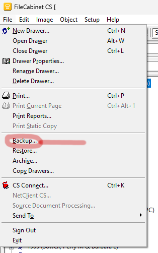 FileCabinet CS File menu with the Backup option circled