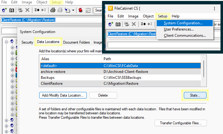 FileCabinet CS Setup menu open to System Configuration, Data Locations tab, with the Stats button highlighted