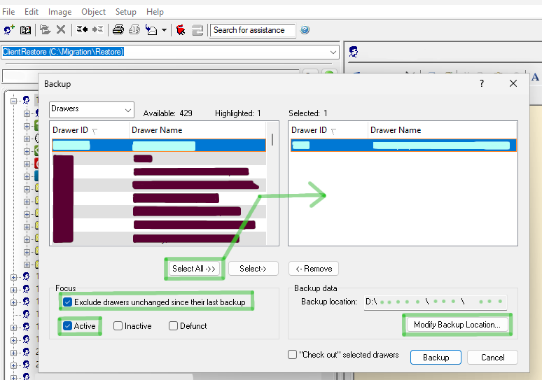 FileCabinet CS Backup dialog with Select All, the Active focus checkbox, the exclude-unchanged-drawers option, and Modify Backup Location highlighted