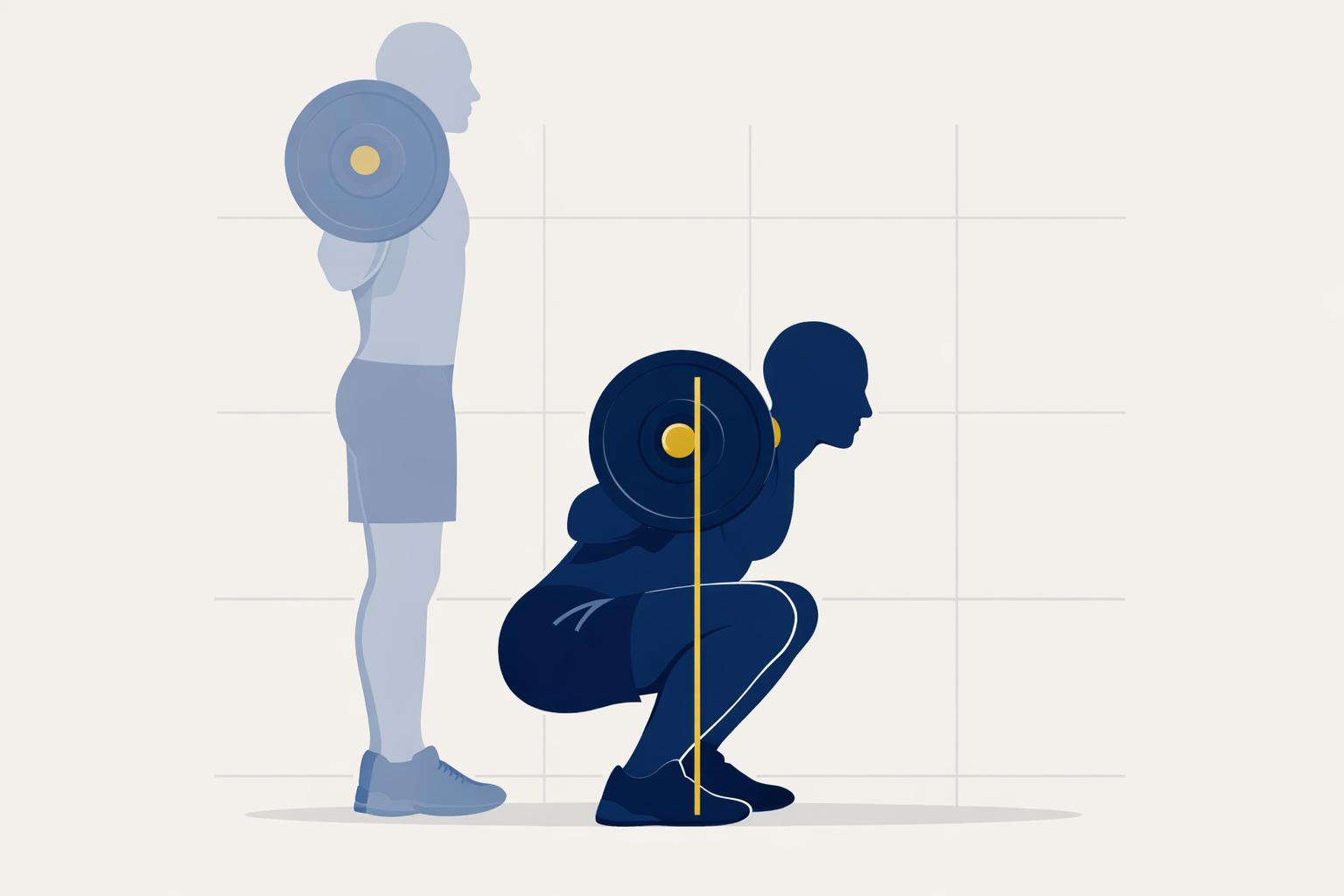 Back squat exercise demonstration — two positions showing the loaded squat and standing position with barbell