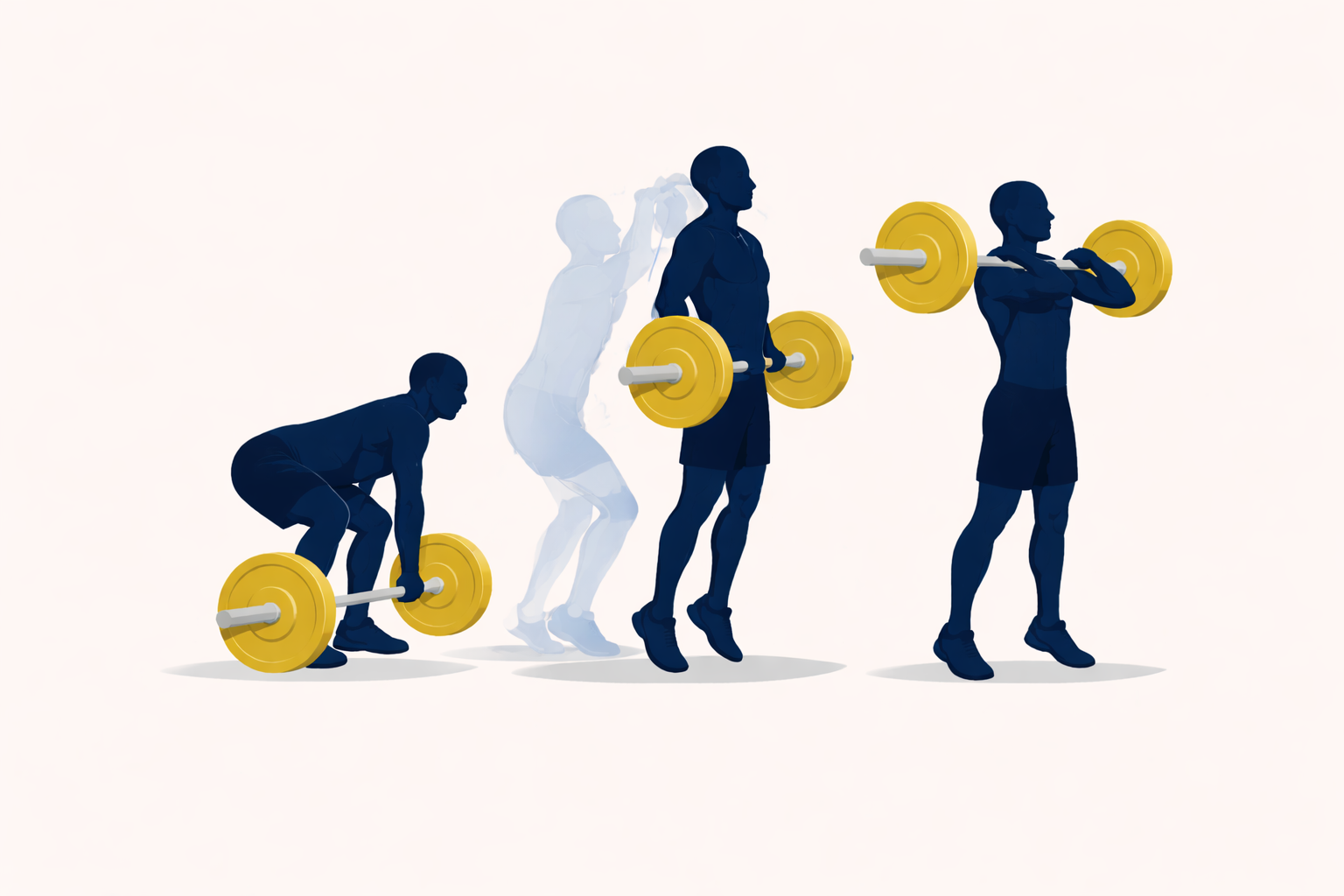 Power clean exercise demonstration — sequence showing pull from floor through explosion to front rack catch position