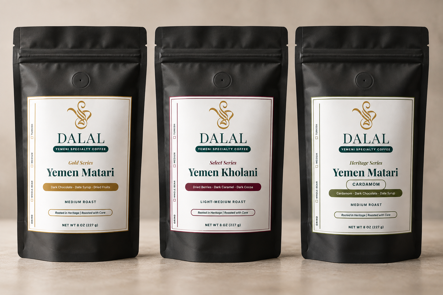 DALAL Gold Series Yemen Matari, Select Series Yemen Kholani, and Heritage Series Yemen Matari with Cardamom coffee bags