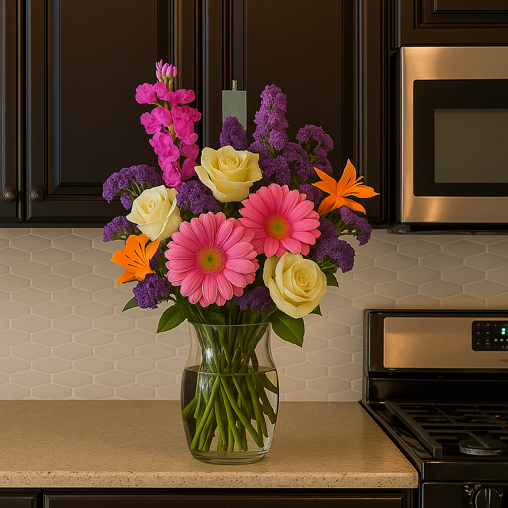 Vibrant bouquet in a cozy kitchen