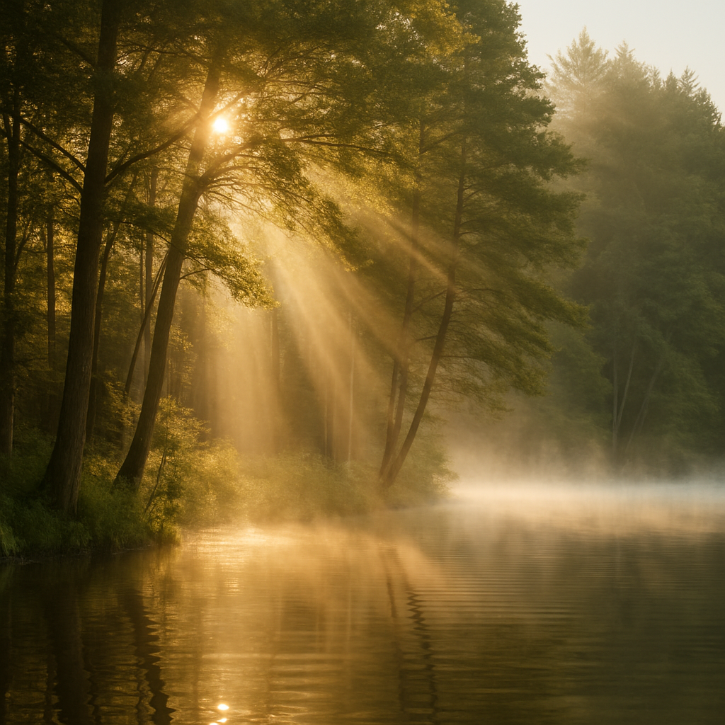 Soft morning mist over a calm landscape