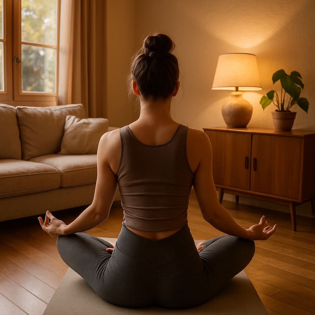 Woman practicing yoga at home