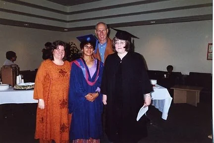 Sima and supervisor, Dr. Hedberg (right), Renee (left) and Arnold. June 2002 convocation, SFU.