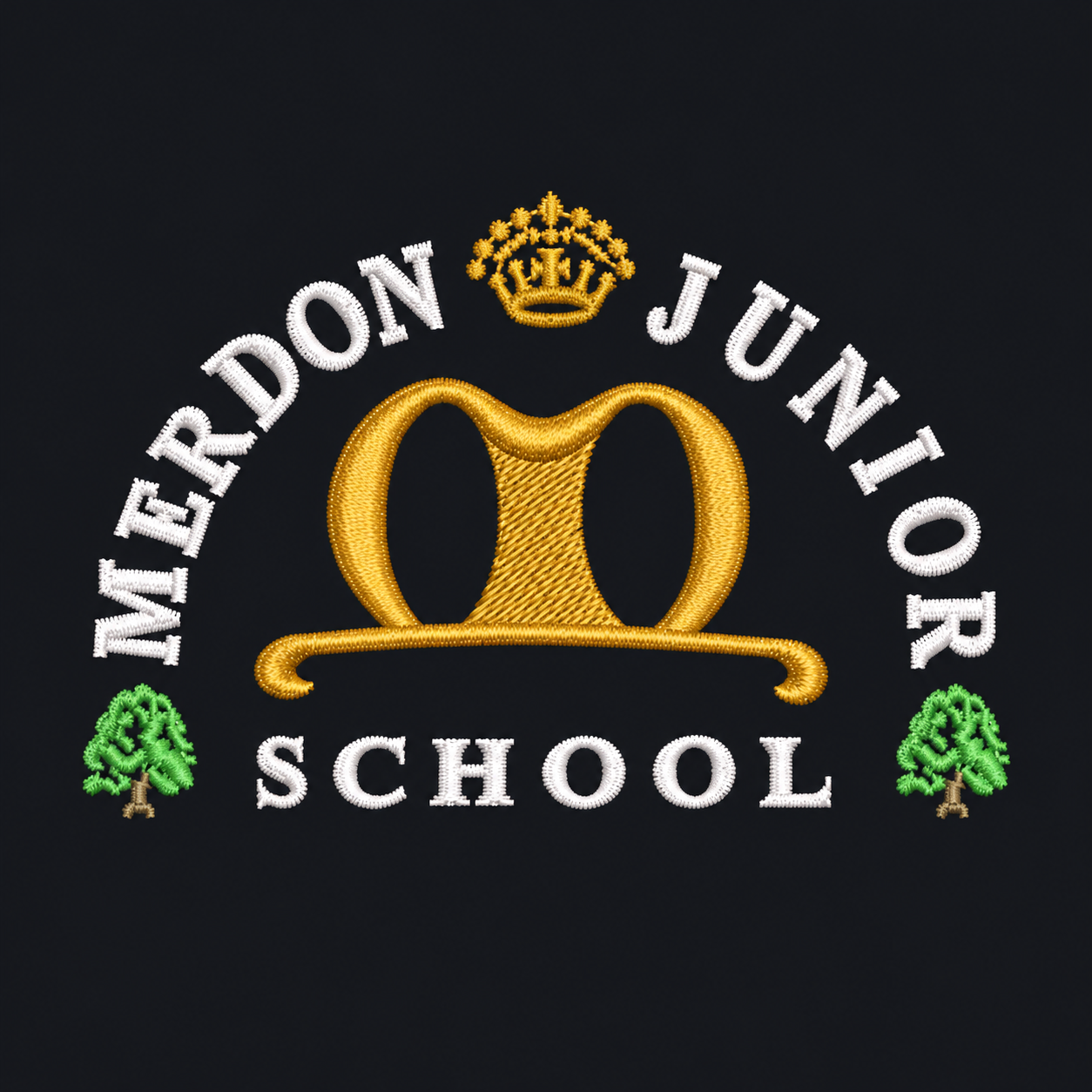 Merdon Junior School logo with white lettering and gold emblem