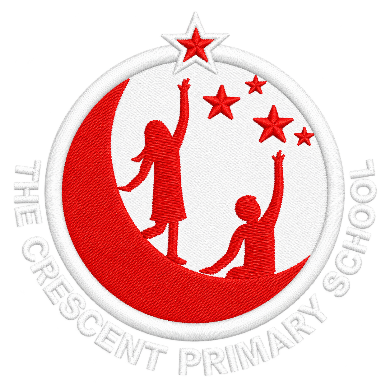 The Crescent Primary School red and white embroidered logo