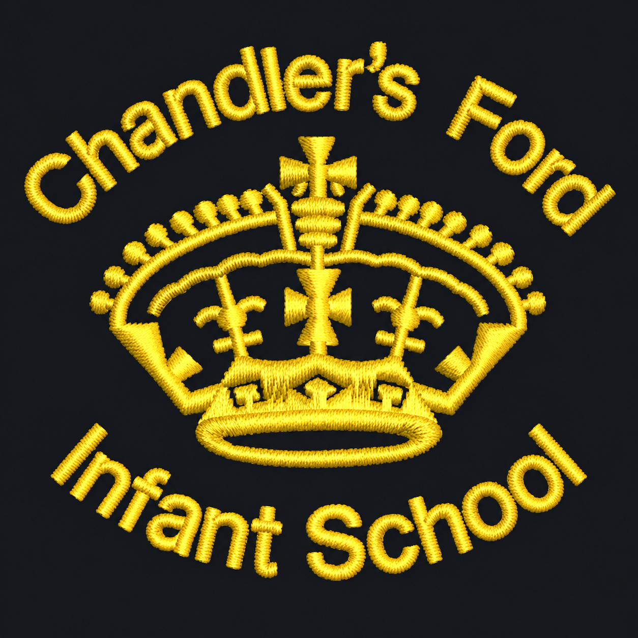 Chandler’s Ford Infant School embroidered logo with yellow lettering