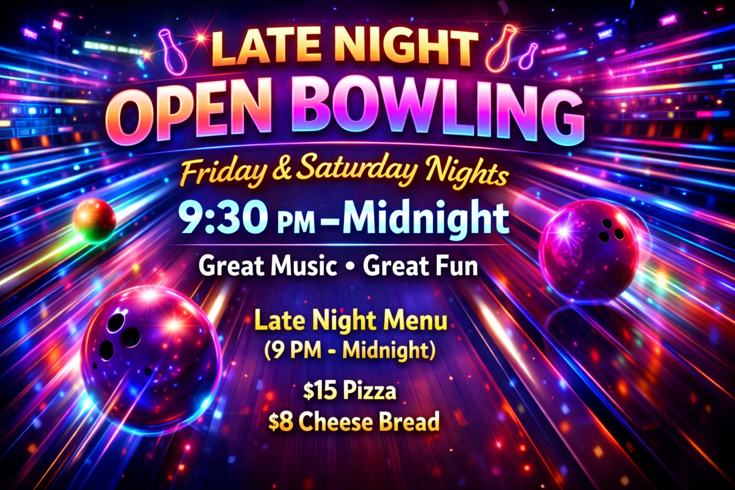 Friday and Saturday Late Night Open Bowling 9pm till midnight 15 dollar Pizza 8 dollar Cheese Bread