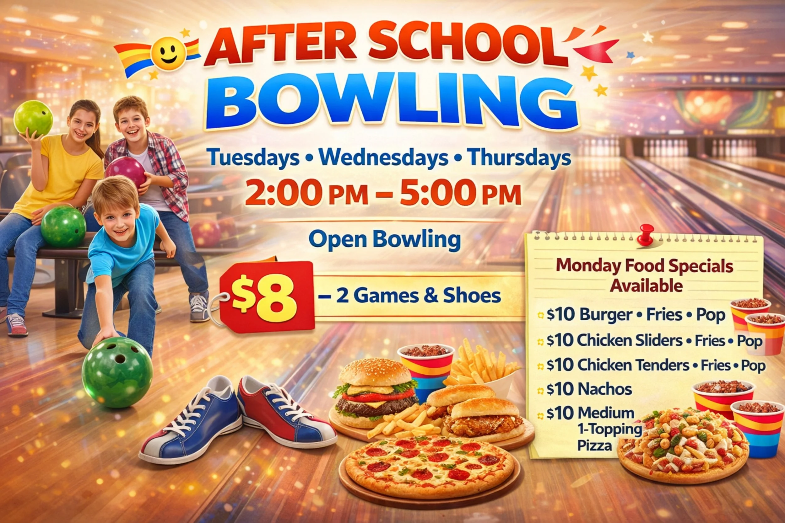 Tuesday Wenesday Thursdays 2pm to 5pm 8 dollars for 2 games and shoes