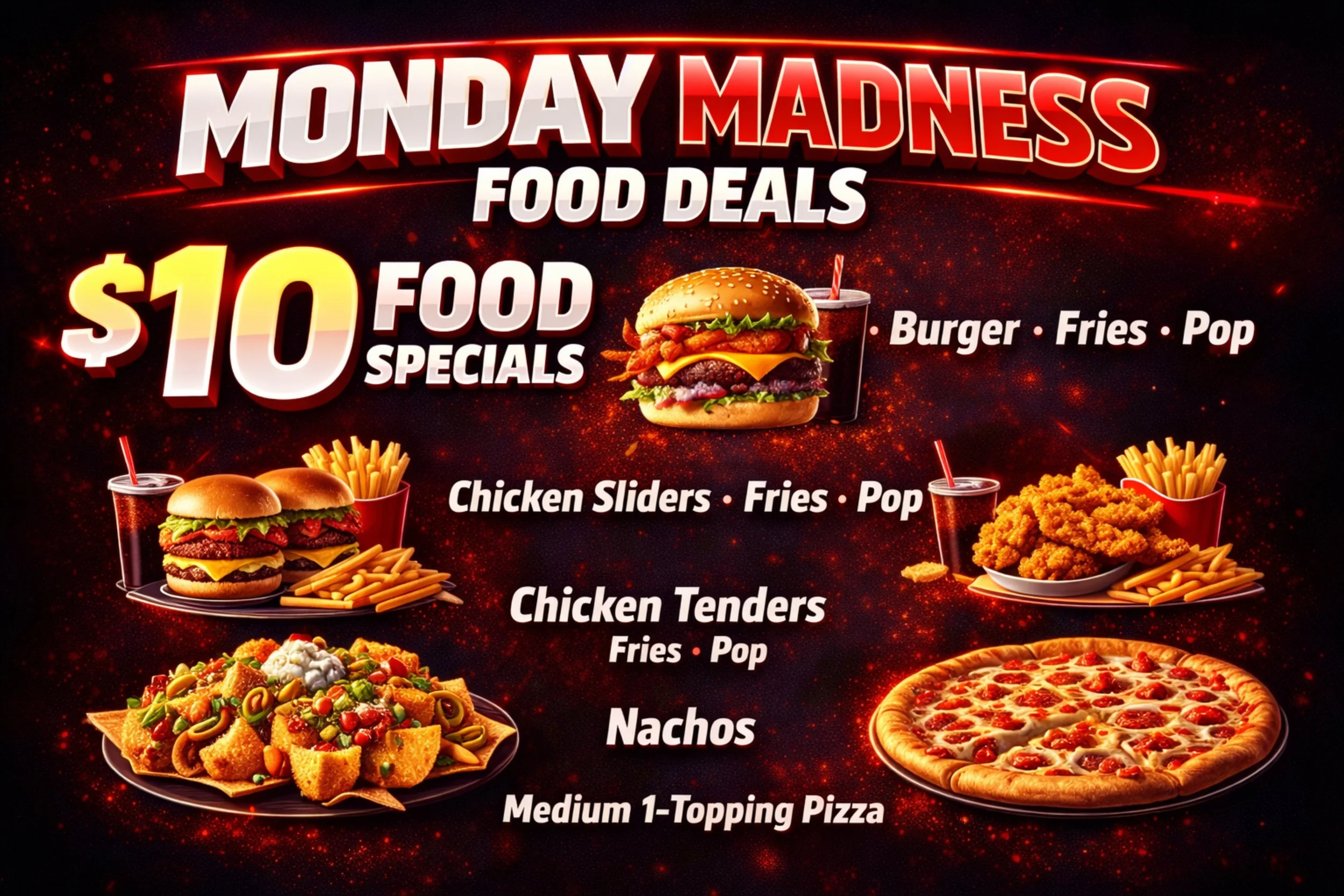 Monday food deals 10 dollar burgars, chicken sliders, nachos, medium 1 topping pizzas