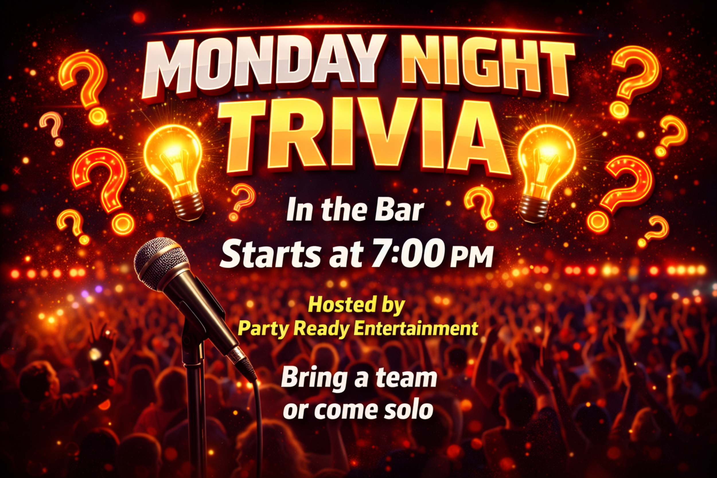 Monday night trivia team play, hosted by party entertainment, 7pm start, come solo or with a team, trivia night bar