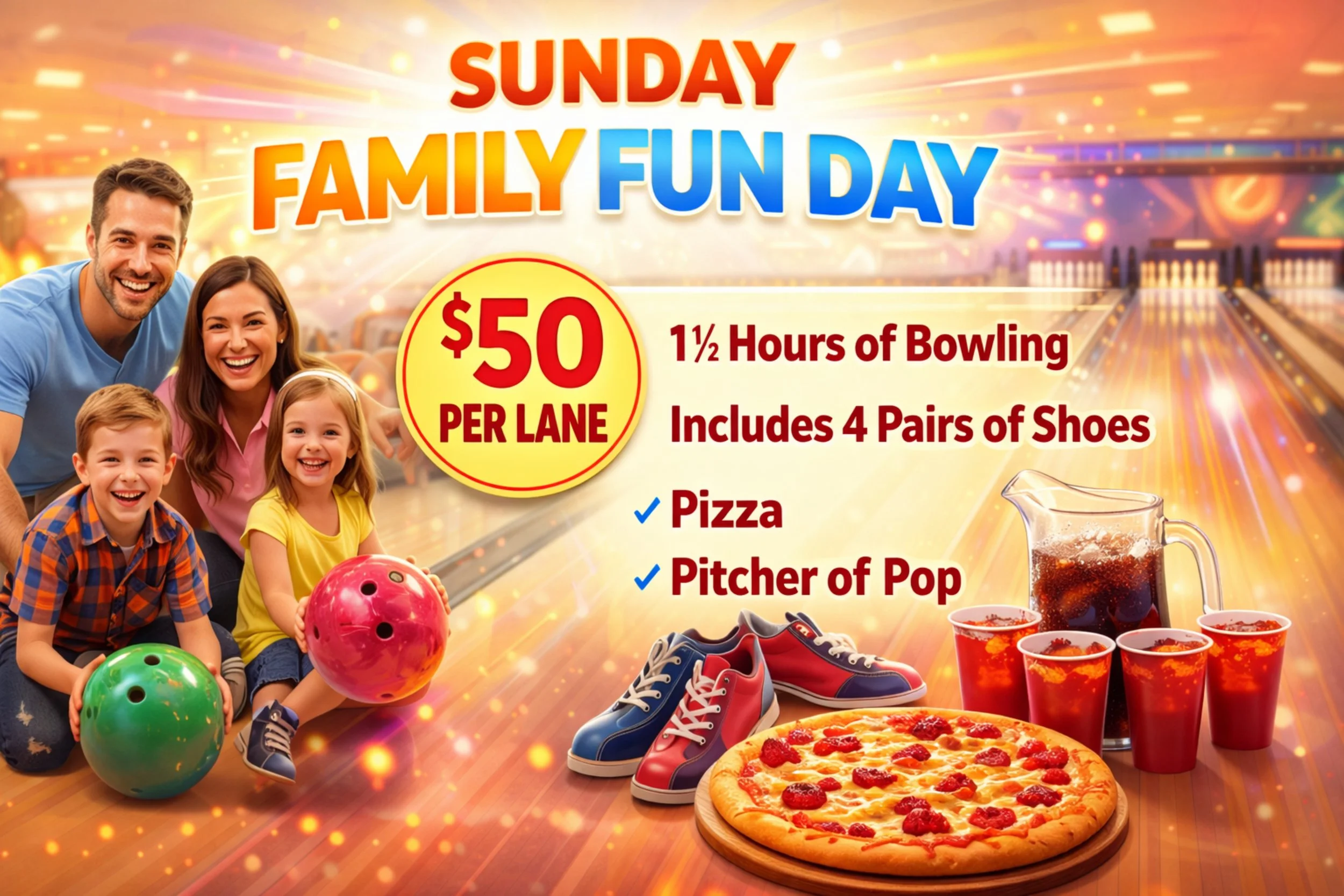 Sunday Family Fun Day bowling deal for $50 per lane, including 1.5 hours of bowling, 4 shoe rentals, pizza, and a pitcher of soda at a bowling alley
