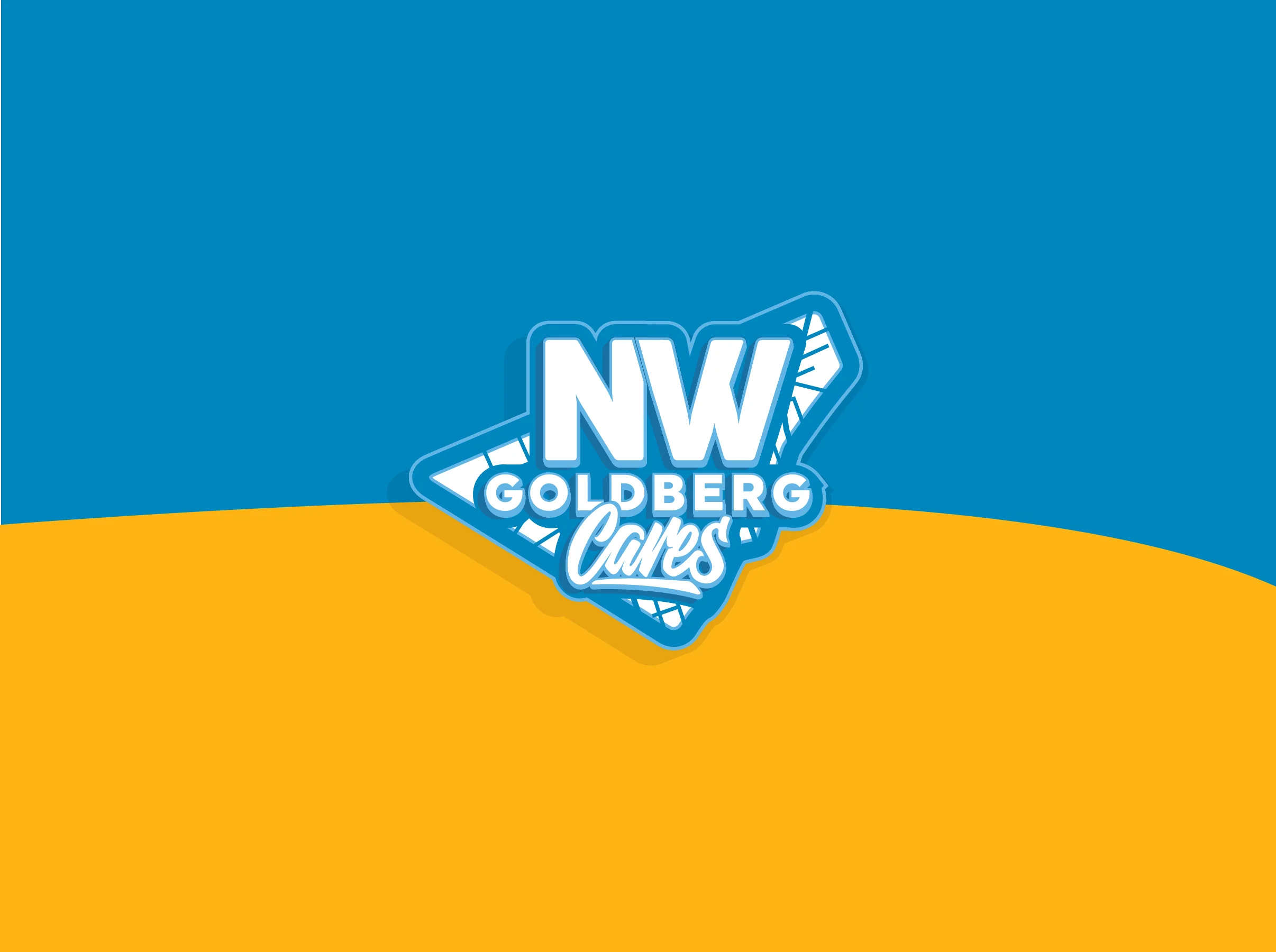 NW Goldberg Cares badge logo in white on a blue and yellow background with a drop shadow