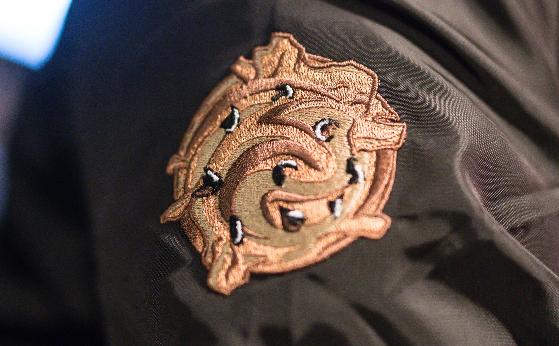 Close-up of the Detroit Dough scoop emblem embroidered on a jacket sleeve