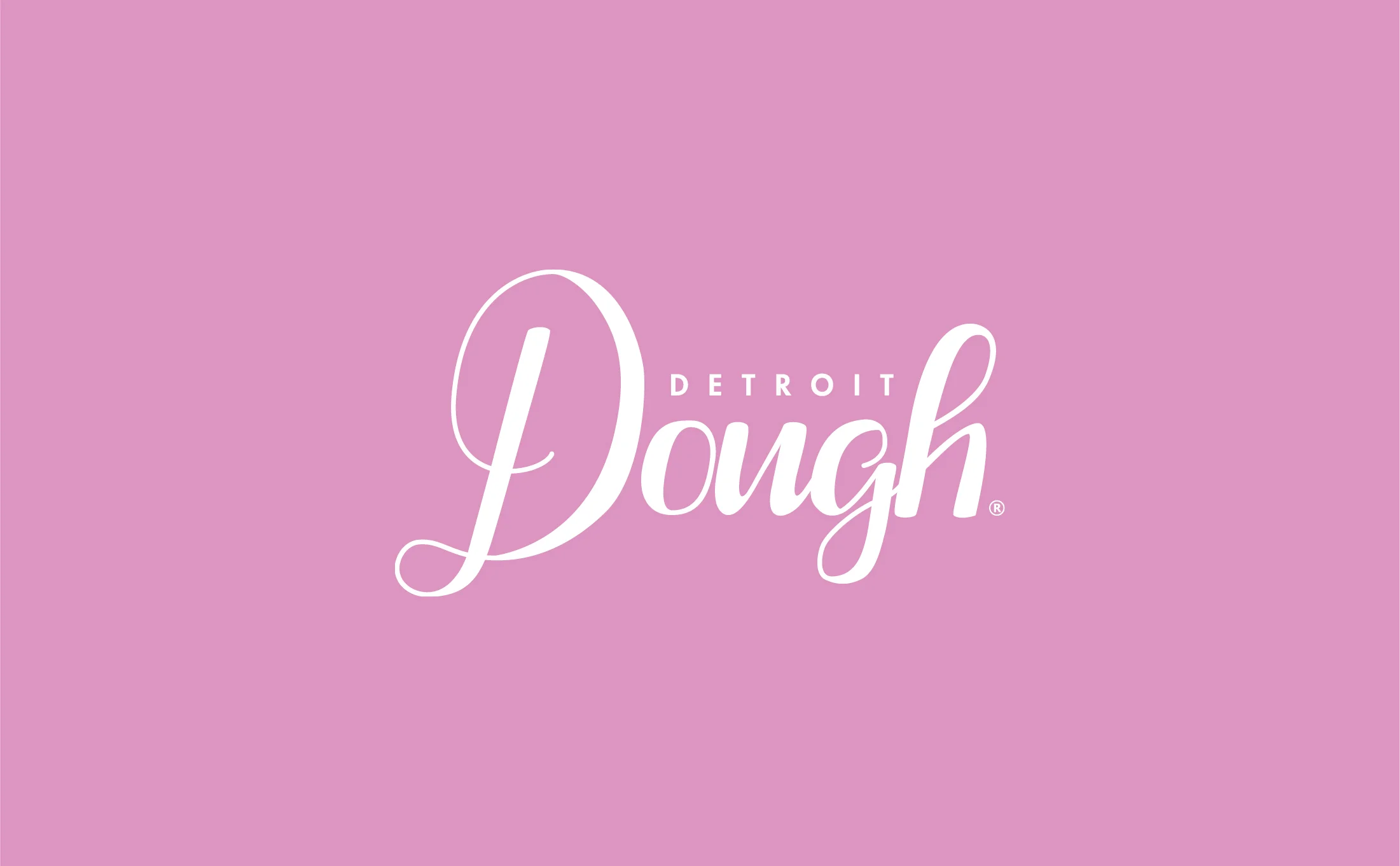 Detroit Dough logo in white script on a pink background