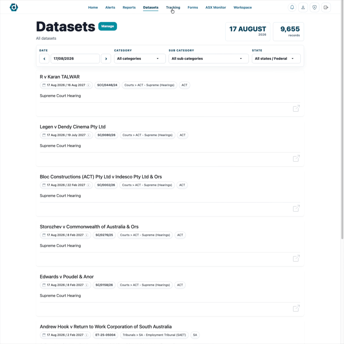 DATAV3 Tracking showing how users follow specific Australian court cases and inquiries and receive updates when new records or changes are published.