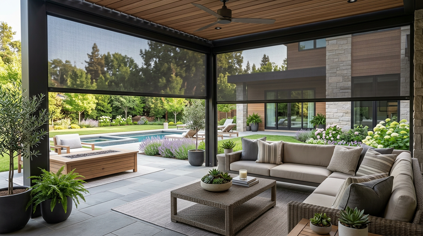 Modern outdoor pergola with retractable outdoor blinds installed for sun and privacy control