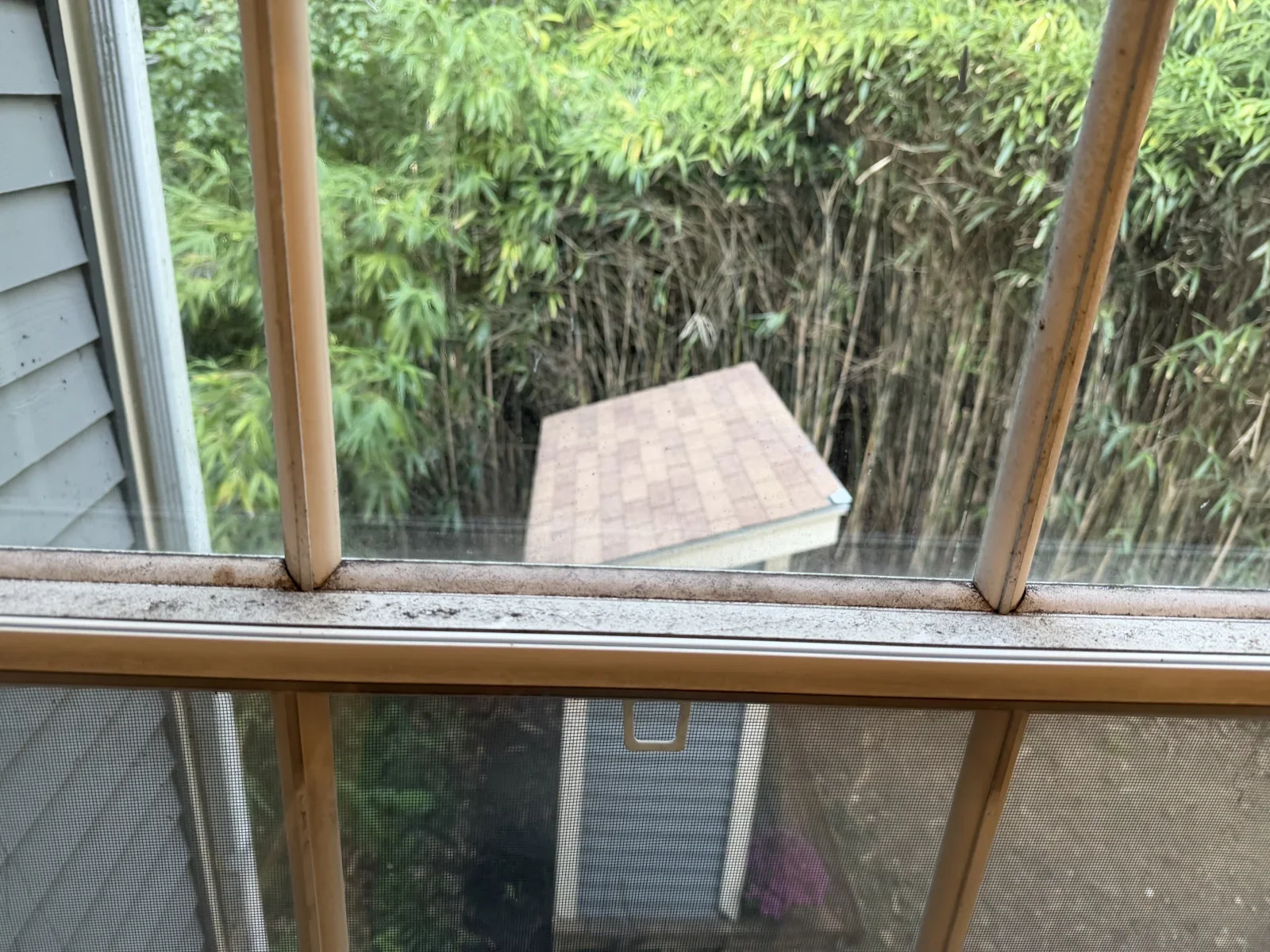 Interior window with visible dirt along the lower sill and frame before detail cleaning