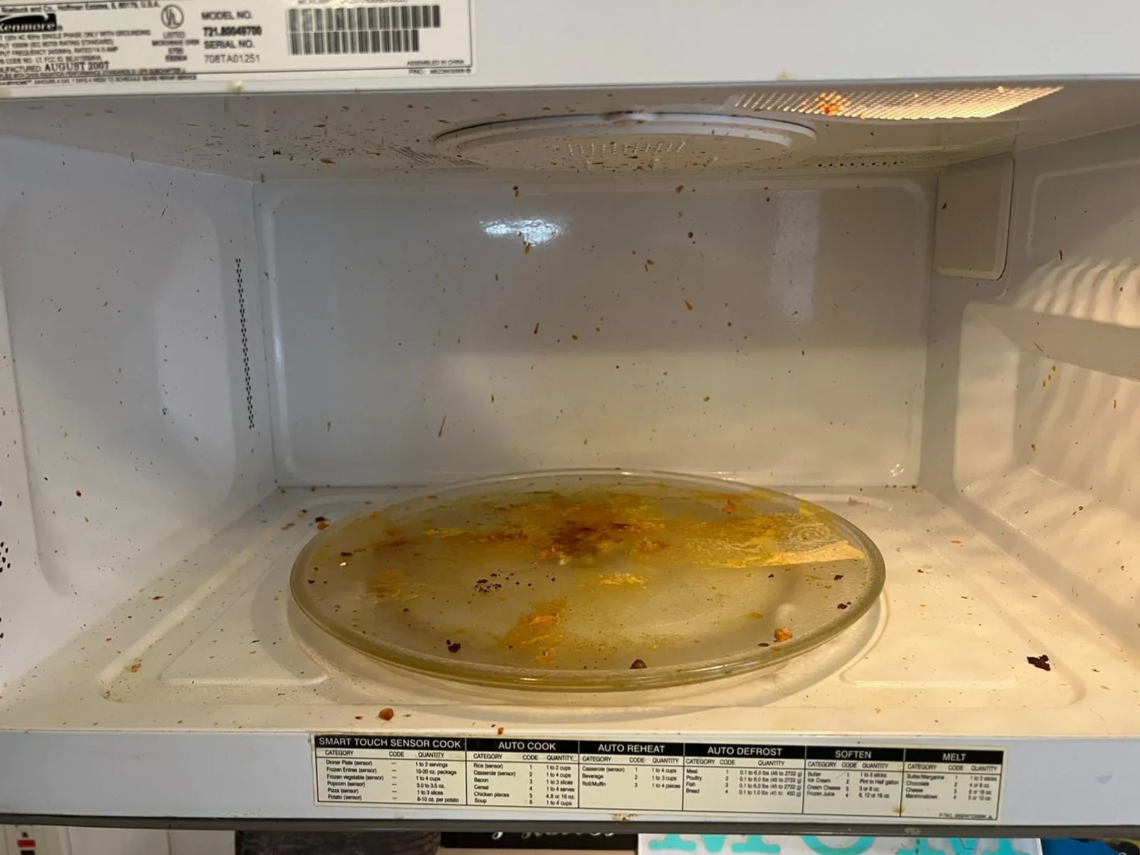 Microwave interior with food splashes and residue before Prime Cleaning’s work