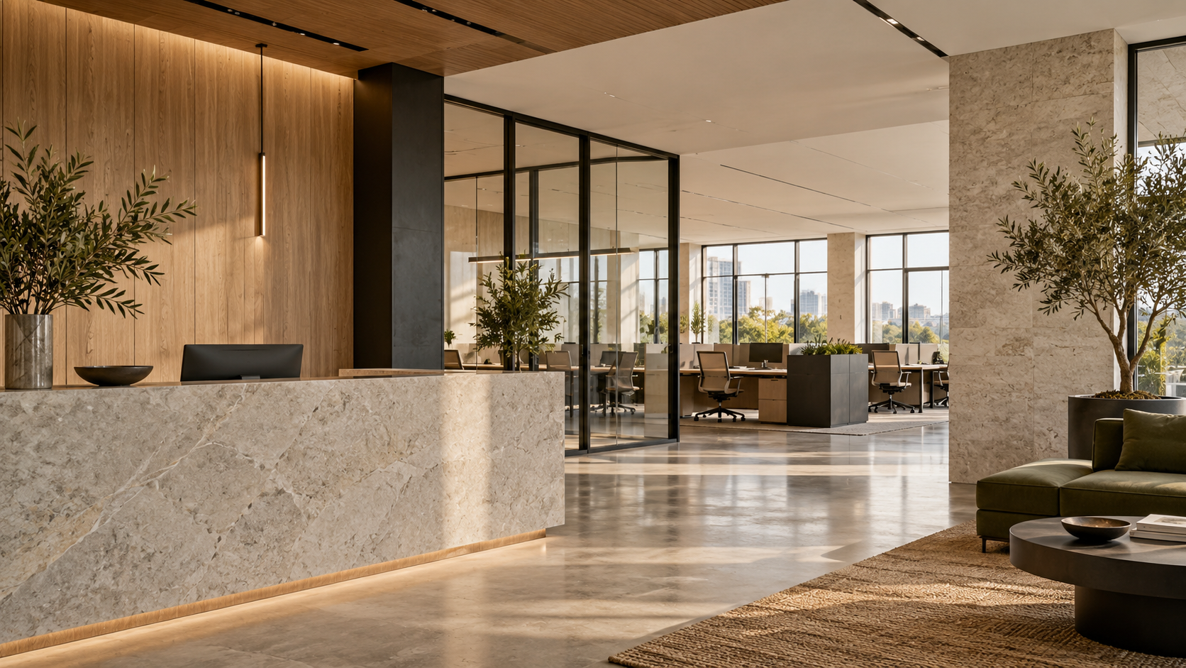 Illustrative contemporary commercial workplace with glass partitions and warm finishes