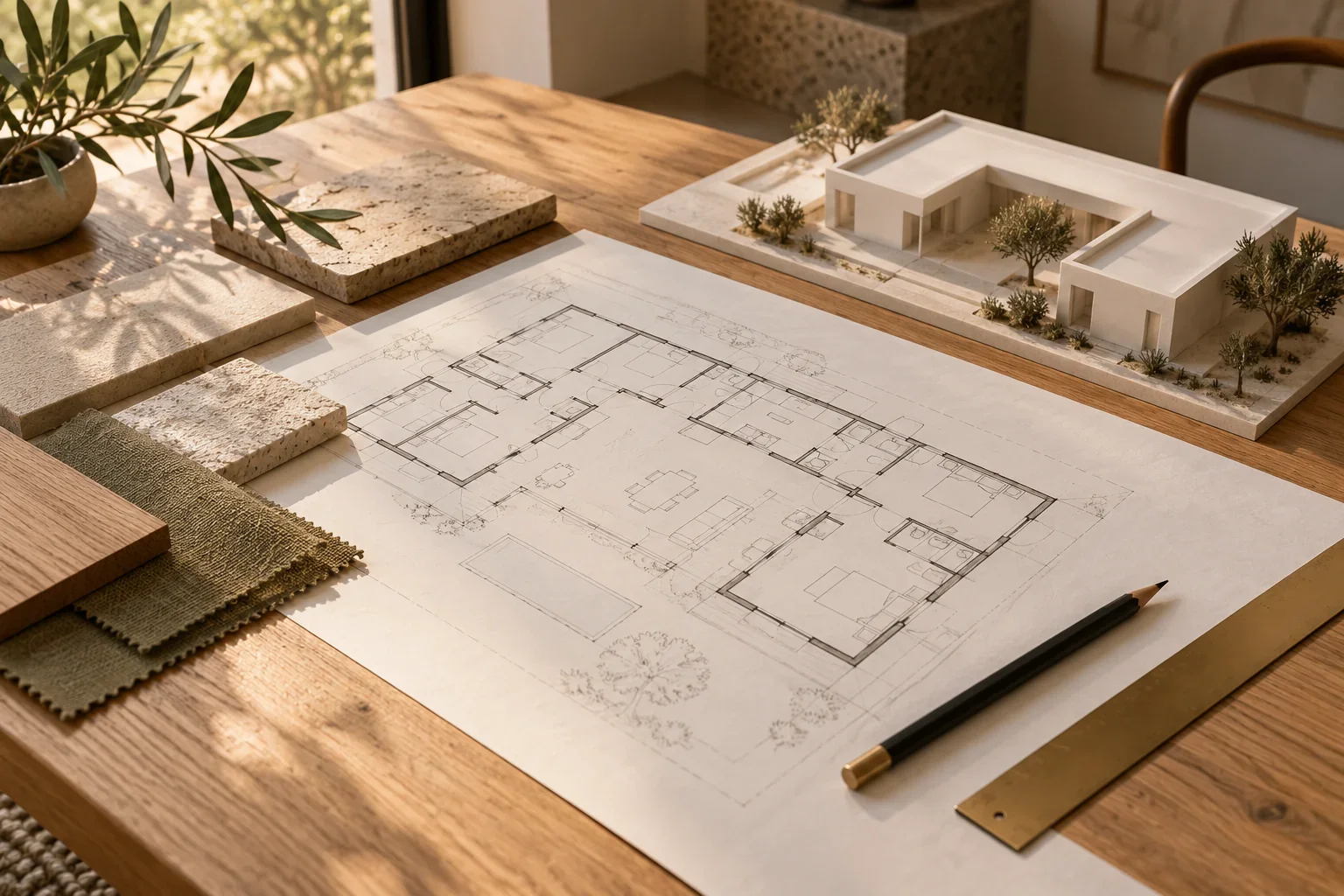 Illustrative architectural plans, a scale model and material samples on a design table