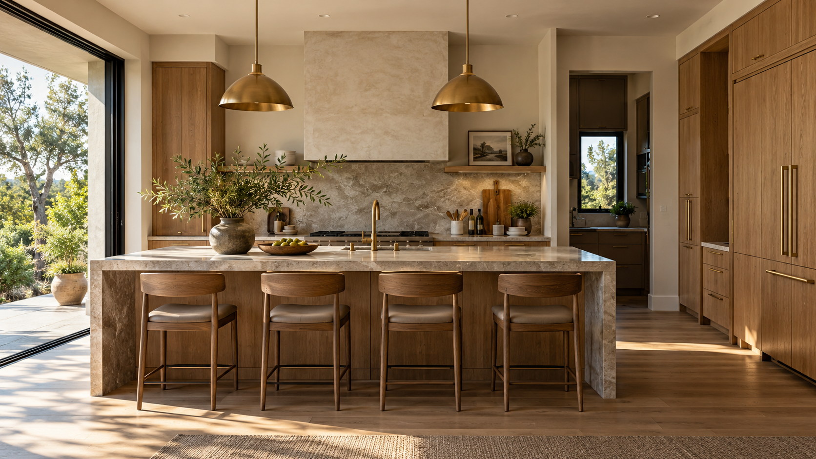 Illustrative residential kitchen with an oak finish, stone island and brass details