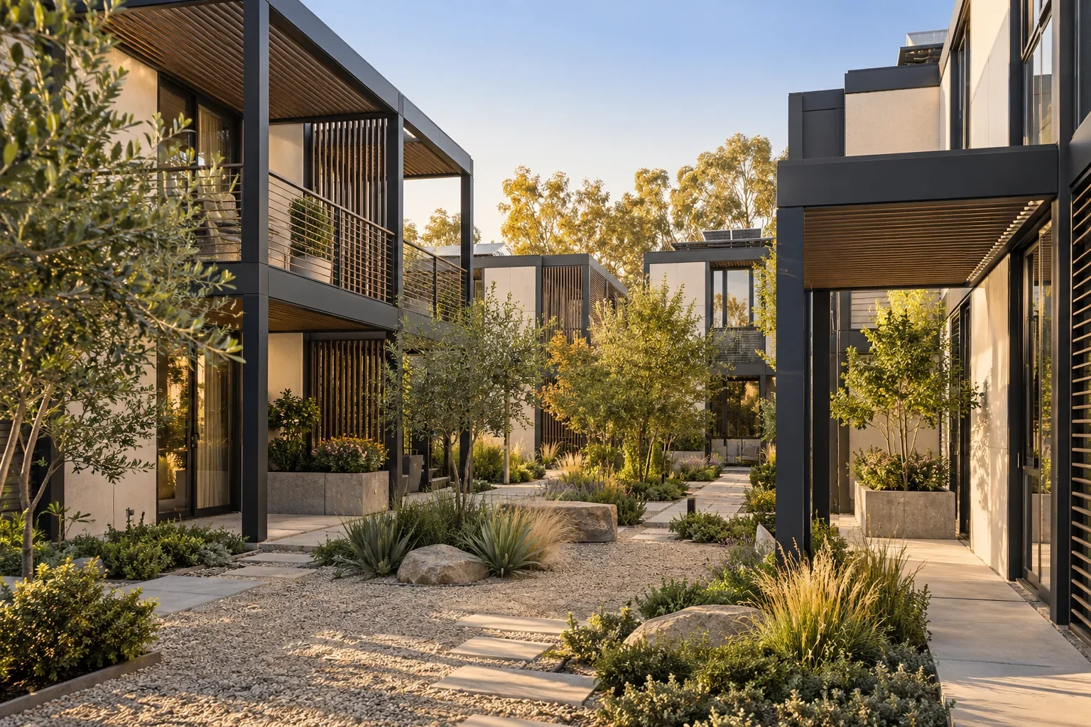 Illustrative modular multifamily courtyard with charcoal frames and shaded walkways; not the current 72 unit project