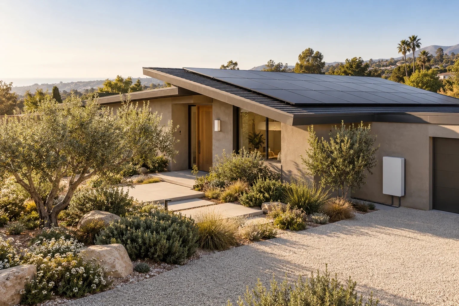 Illustrative contemporary home with rooftop solar, battery storage and waterwise landscaping