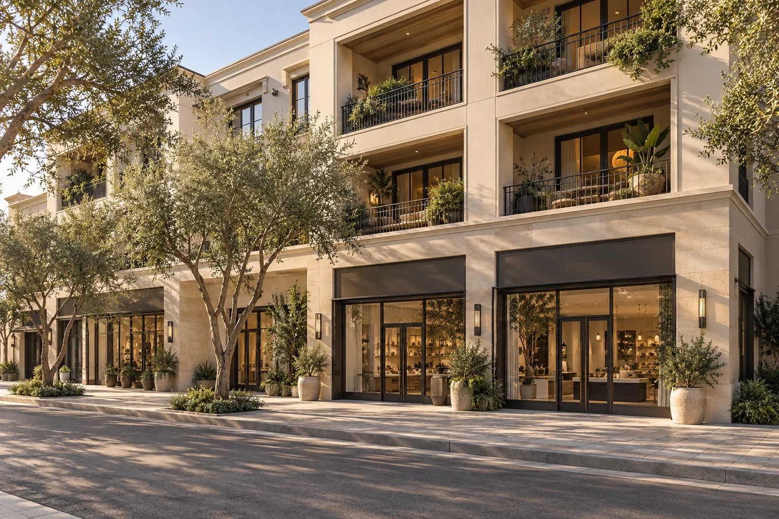 Illustrative mixed use commercial building with shaded storefronts and upper balconies