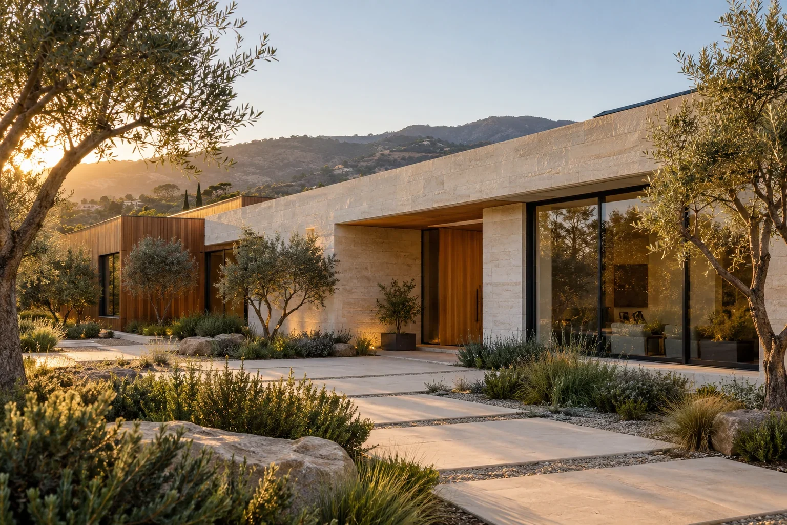 Illustrative contemporary house with stone, timber and charcoal framed glass; not a completed Imperium project