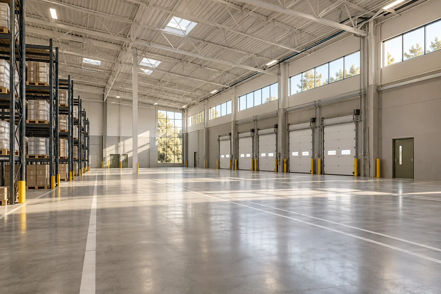 Illustrative modern warehouse with daylight, open circulation and orderly storage