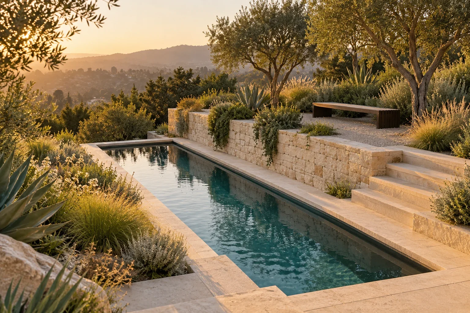 Illustrative terraced garden, stone patio and narrow lap pool