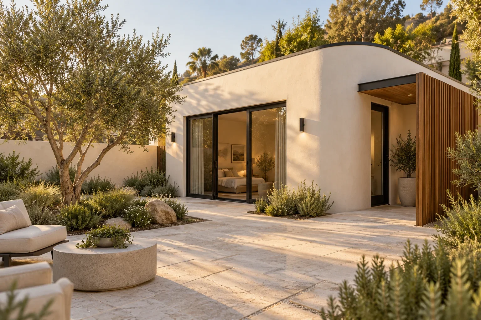 Illustrative contemporary ADU with a curved plaster facade and private courtyard
