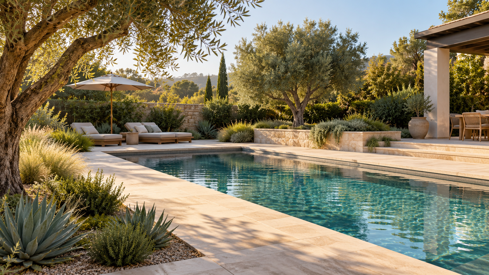Illustrative Southern California pool, paver patio and waterwise garden with an olive tree